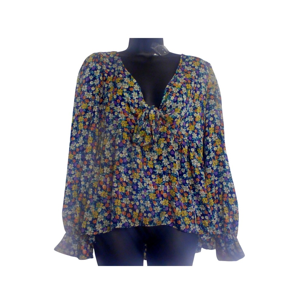 Shein Floral V-Neck Tie‎ Front Empire Waistwith Ruffle Cuffs and Metallic Stripe